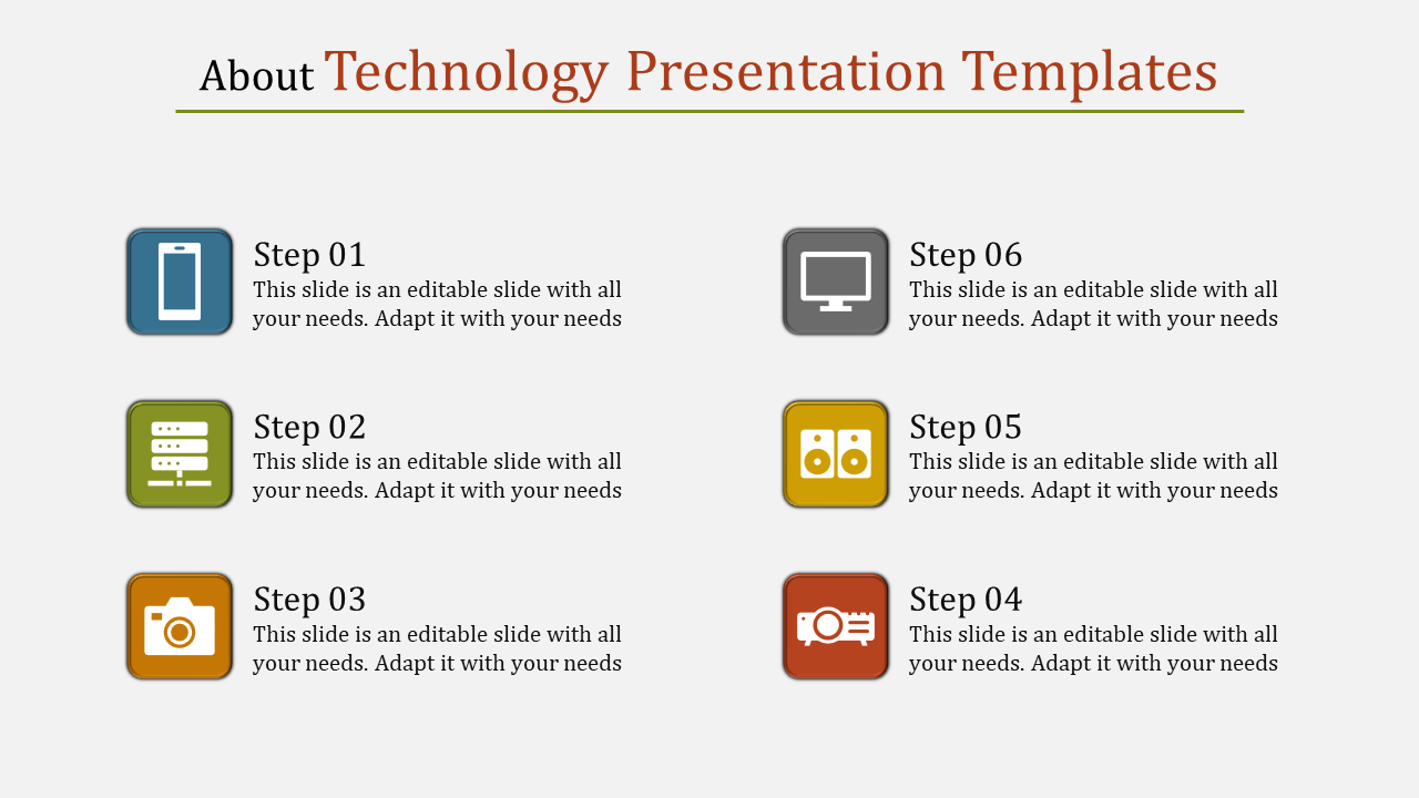 Organized six step infographic showcasing technology related icons in blue, green, orange, gray, yellow, and red tones.