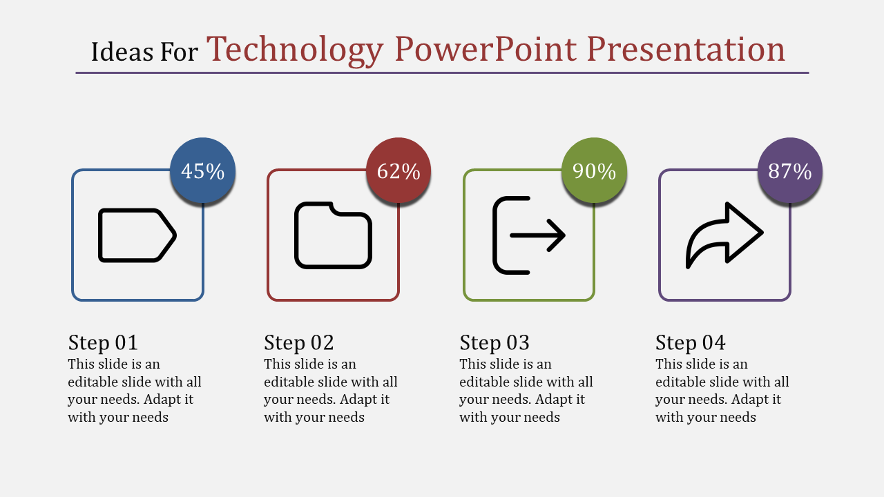 Slide showcasing four steps with outlined icons in squares, and percentage bubbles in blue, red, green, and purple.