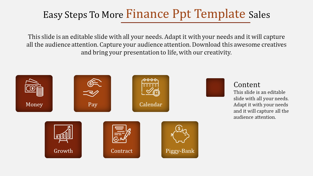 Finance PowerPoint template featuring five steps, each with an icon representing Money, Pay, Calendar, Growth, and Contract.