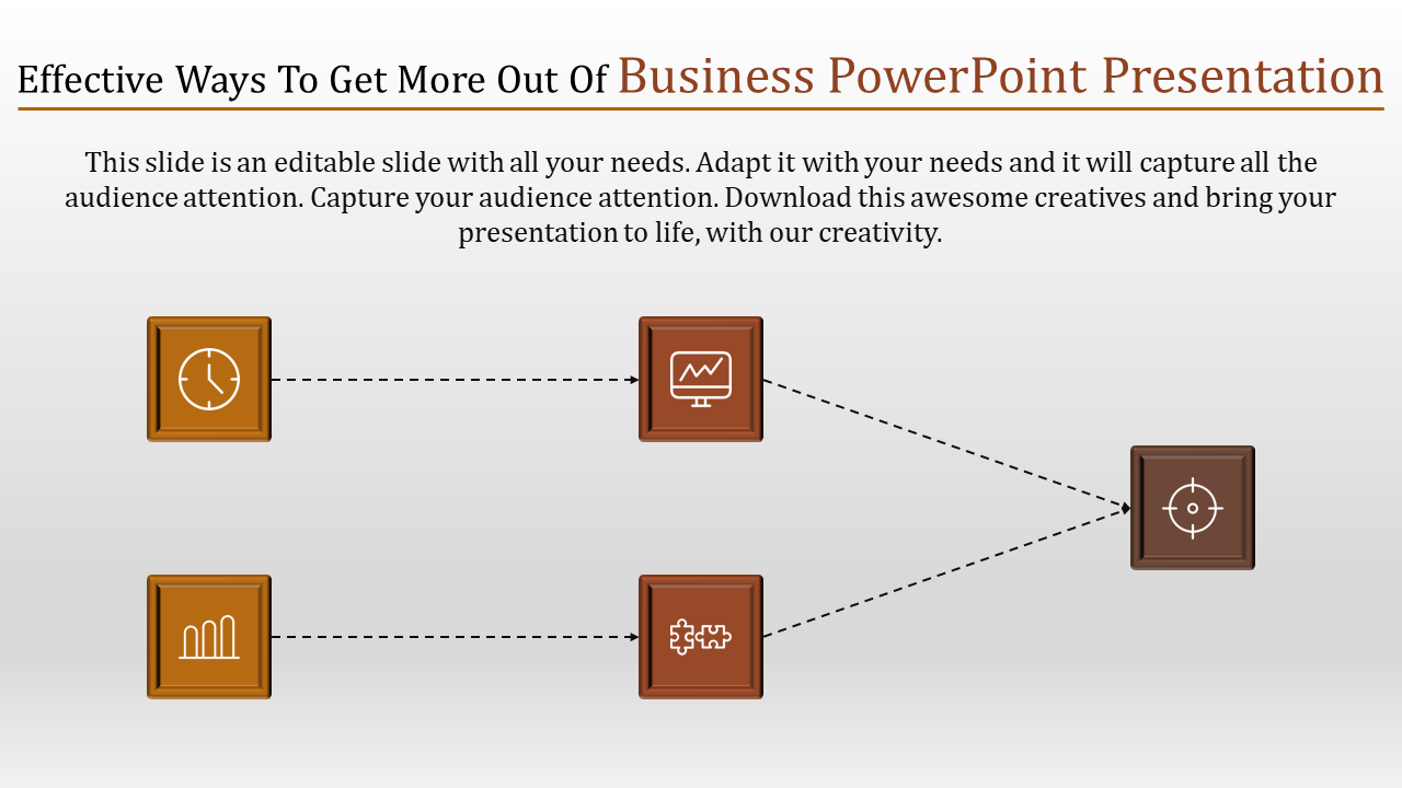 Business slide with four icons representing time, data analysis, strategy, and goal setting, connected by dashed arrows.