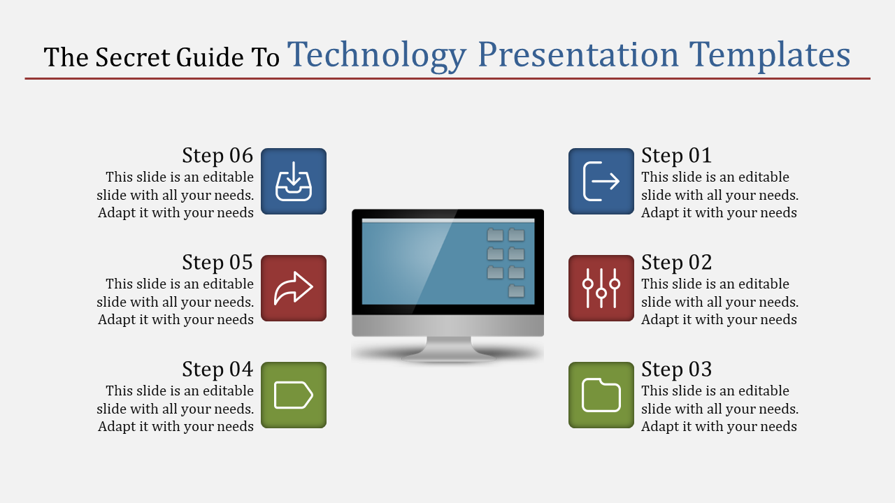 Tech workflow diagram with central monitor illustration linked to six steps, illustrating a structured process.