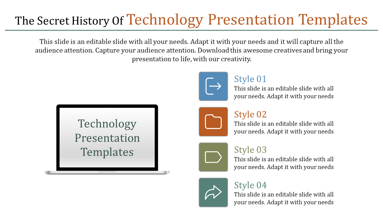 Technology presentation slide featuring a laptop display and four styles with placeholder text and icons.