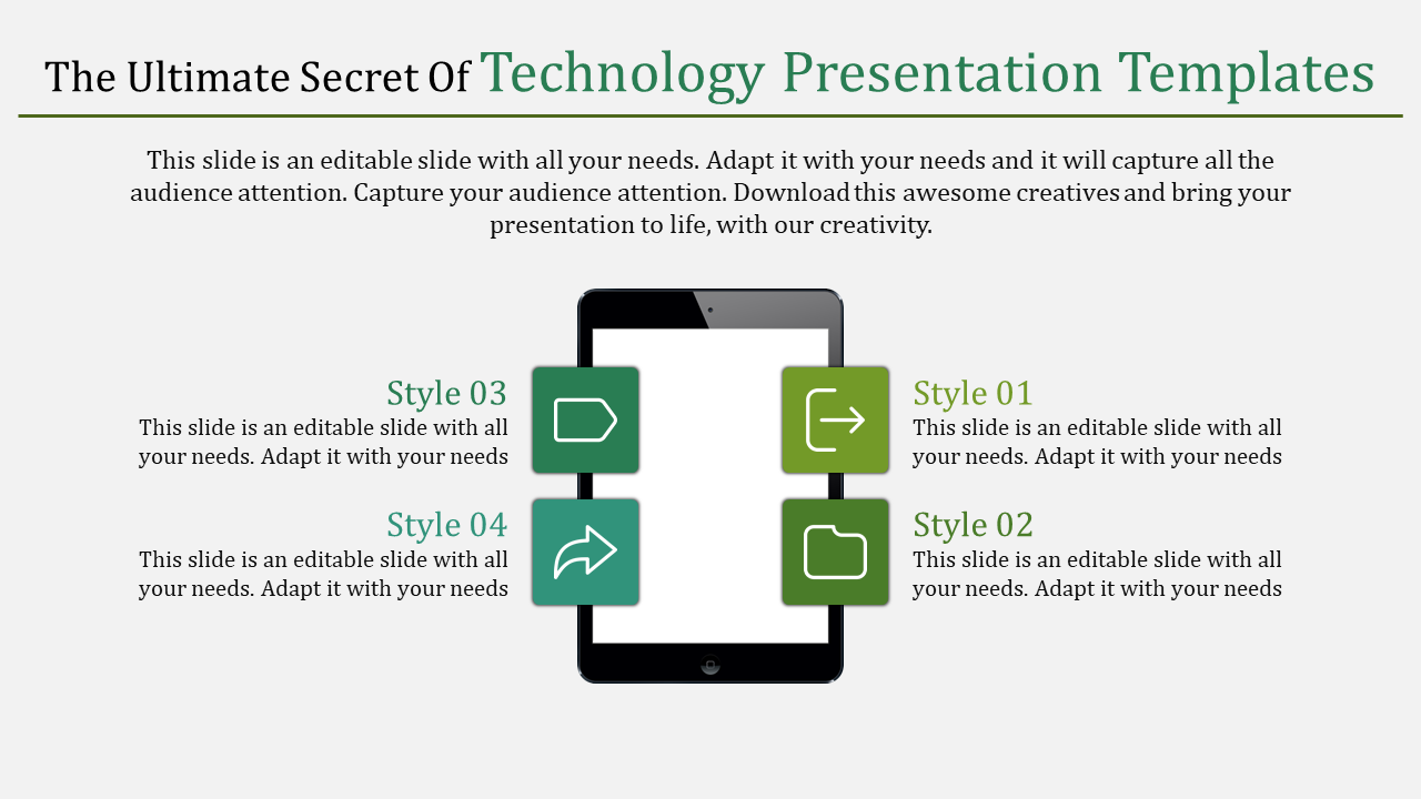 Technology slide featuring a tablet at the center, with four green icons and descriptive text around it.