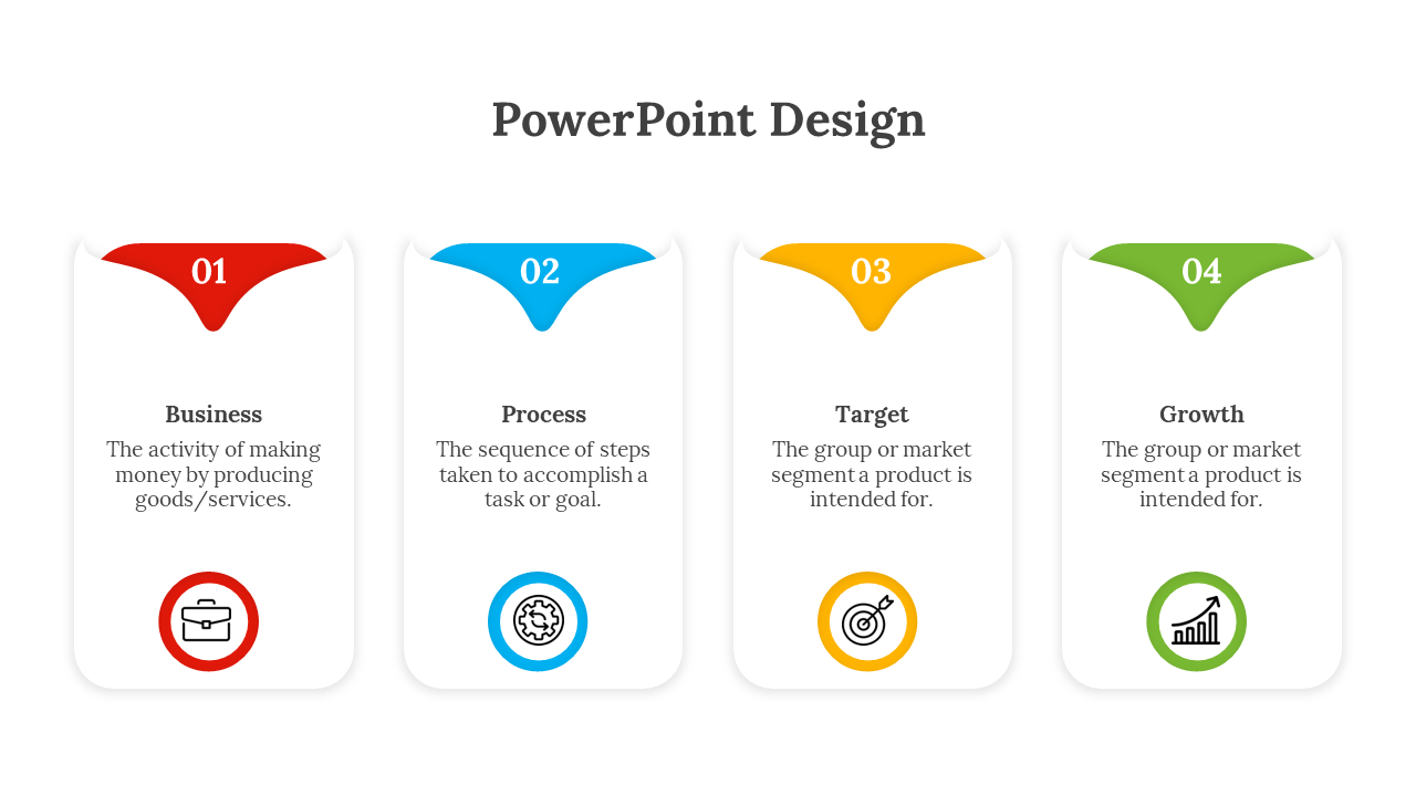 Four vertical panels with numbered headers in red, blue, yellow, and green, each with icons and descriptive text below.