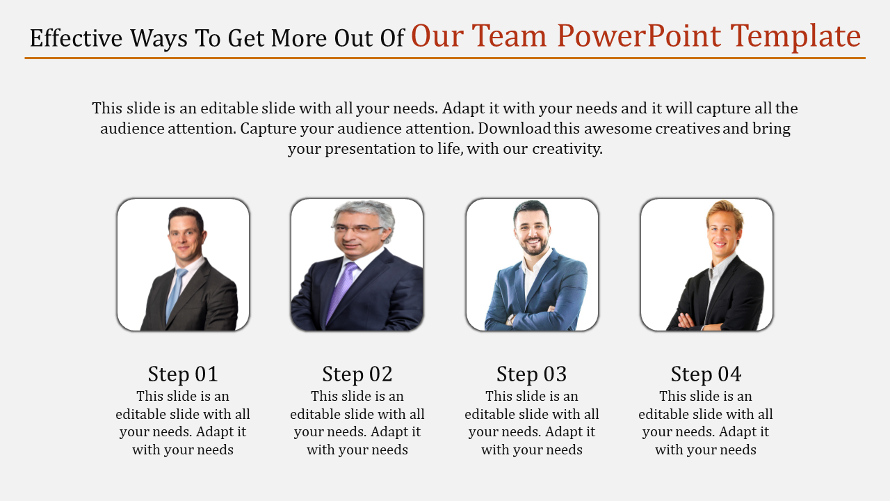 Team PowerPoint template slide featuring four business professionals with steps and placeholder text.