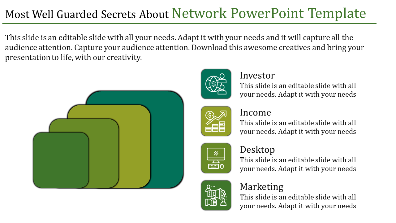 Network template with overlapping green squares on the left and four icons with captions on the right.