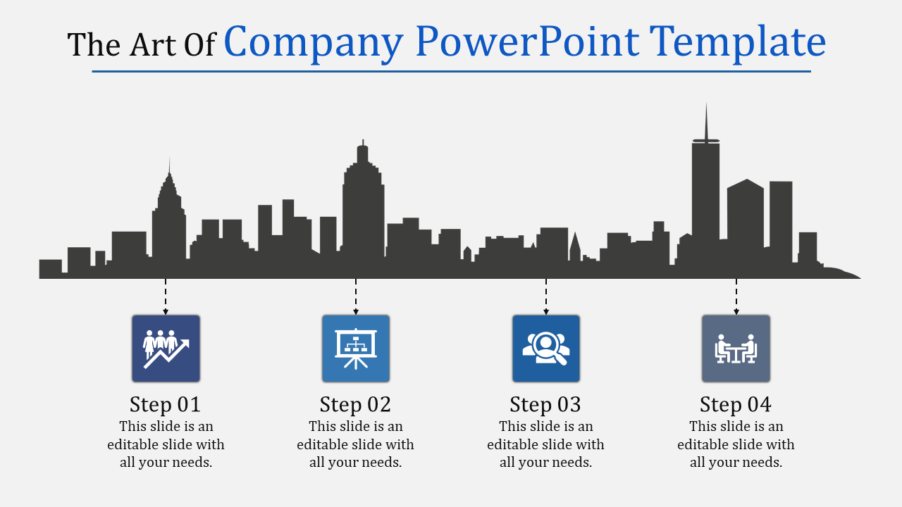 Company PowerPoint template with a city skyline and four steps with business related icons.