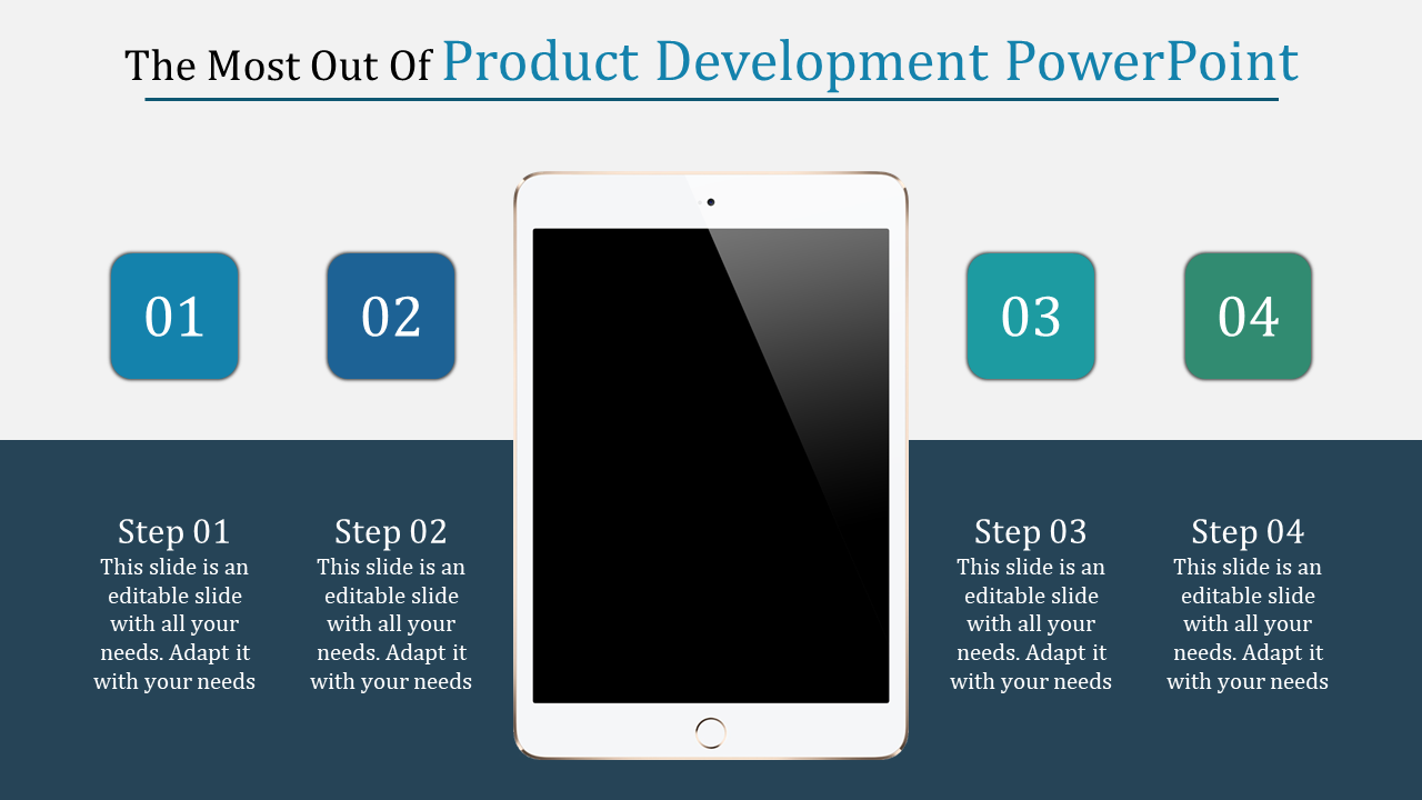 Tablet at the center with four numbered steps in teal and green boxes above and descriptive text below.