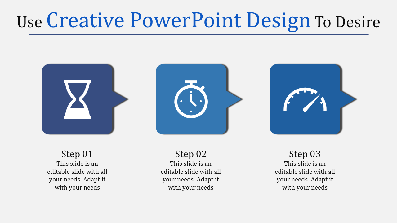 Creative slide design with three blue arrow boxes displaying hourglass, clock, and gauge icons.