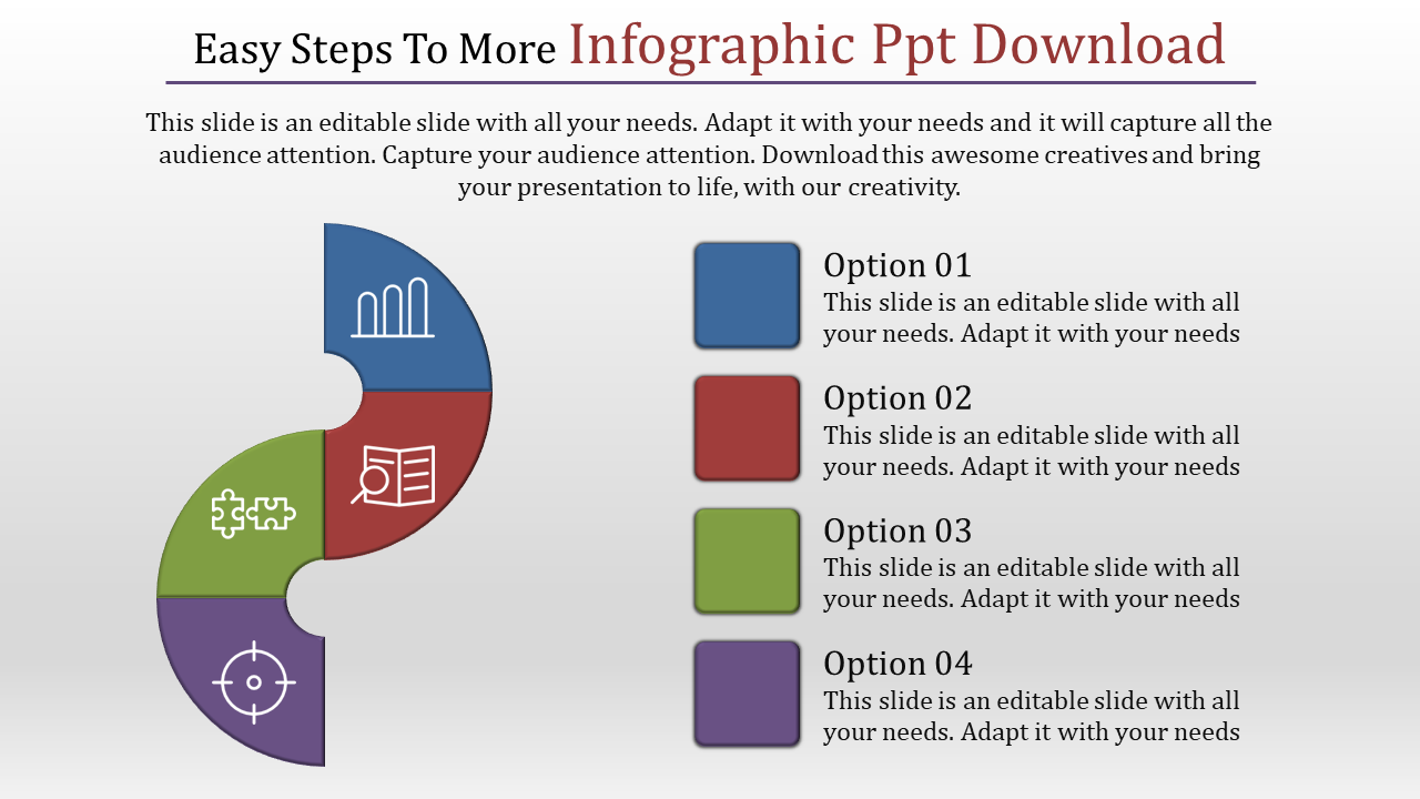 Infographic design with a segmented S-shaped layout showing four colored sections linked to placeholder text areas.