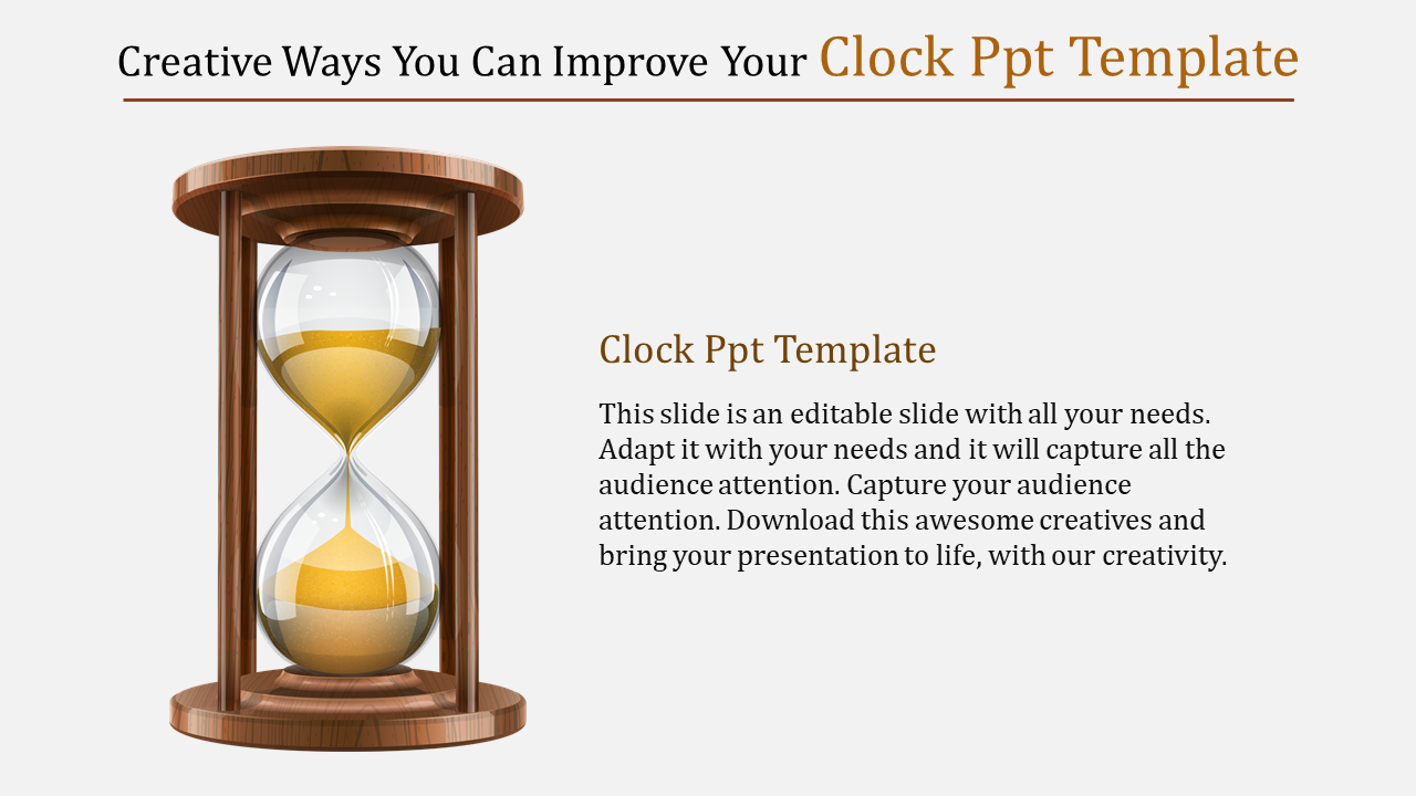 An hourglass illustration on a slide with a Clock PowerPoint template title and content description.