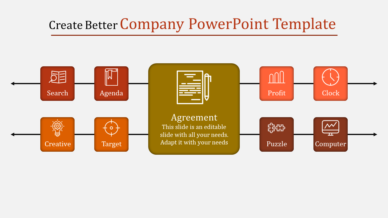 Horizontal company infographic with a central agreement box linked to surrounding icons representing creative and profit.