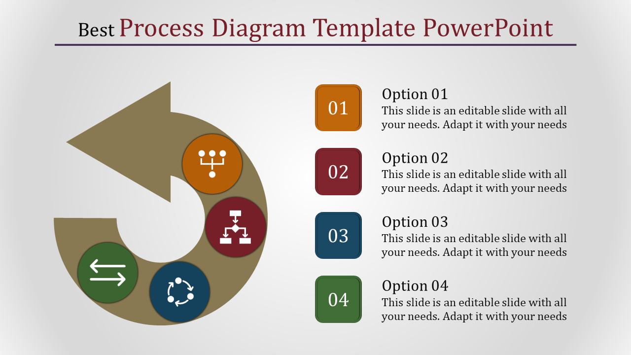 PowerPoint slide featuring a process diagram with arrows and icons representing steps in a process, with options.