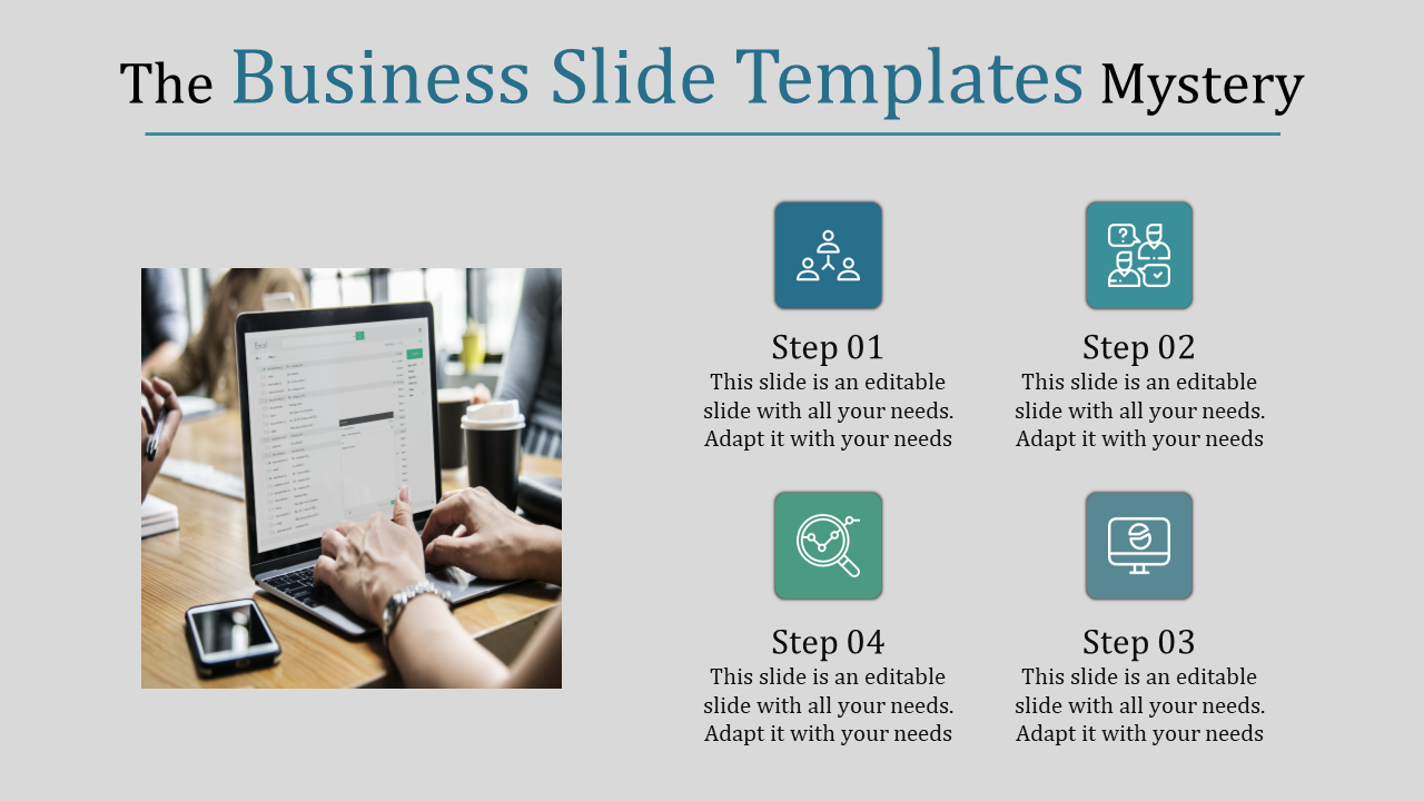 Business template with a central laptop image showing an email interface, accompanied by four icons labeled as steps.