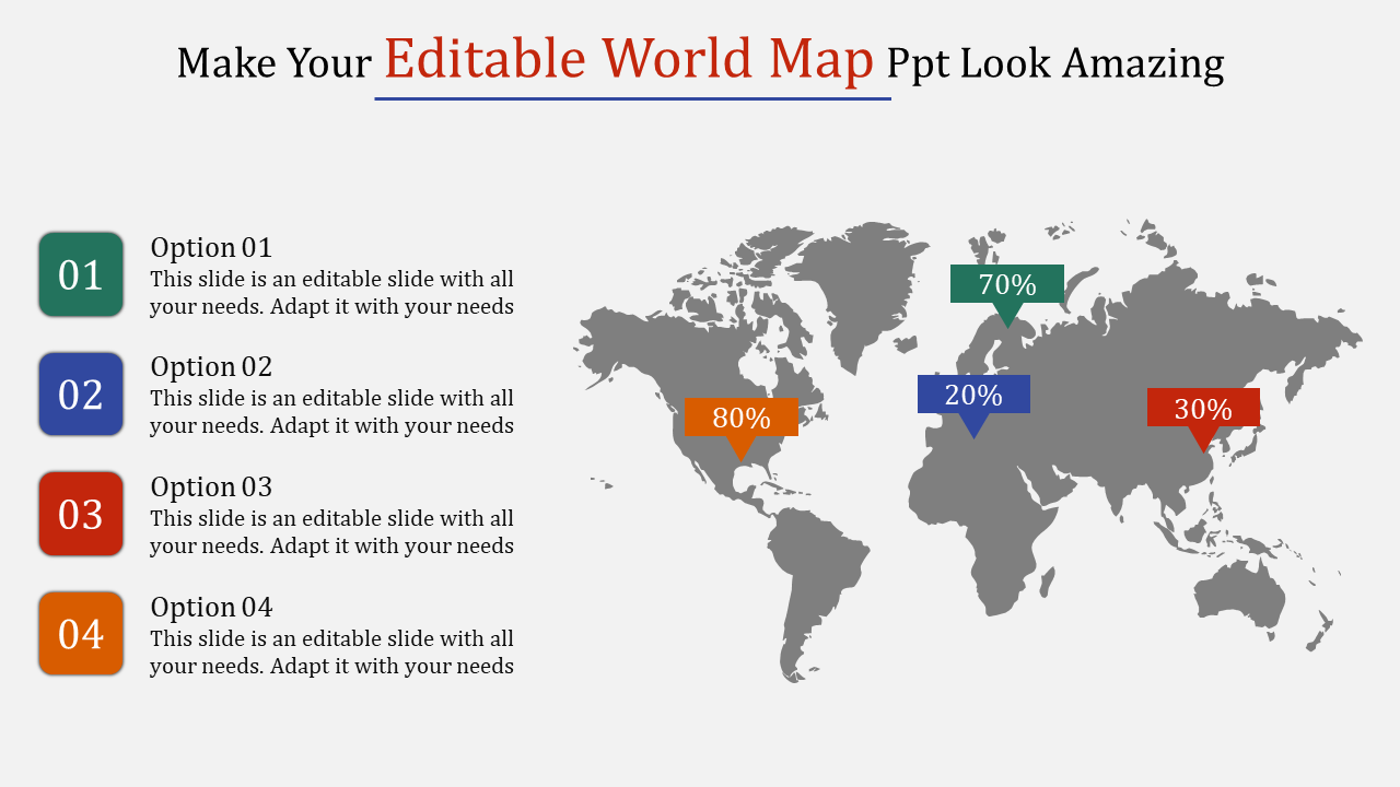 World map PowerPoint slide showing countries with percentage markers, and four option boxes.