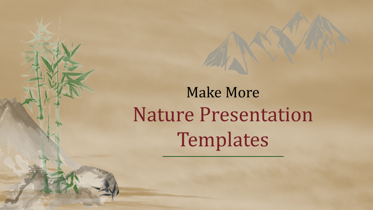 A watercolor-style mountain and bamboo illustration on a beige background, with text in the center.