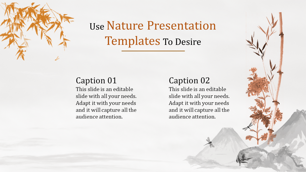 Nature-themed slide with orange and brown trees on the left and right, two placeholder captions in the center.