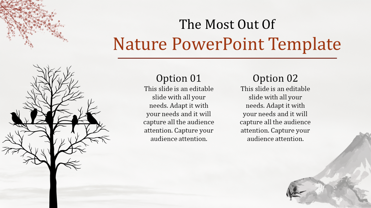 Nature themed PowerPoint slide featuring birds perched on a tree and mountains in the background with placeholder text.