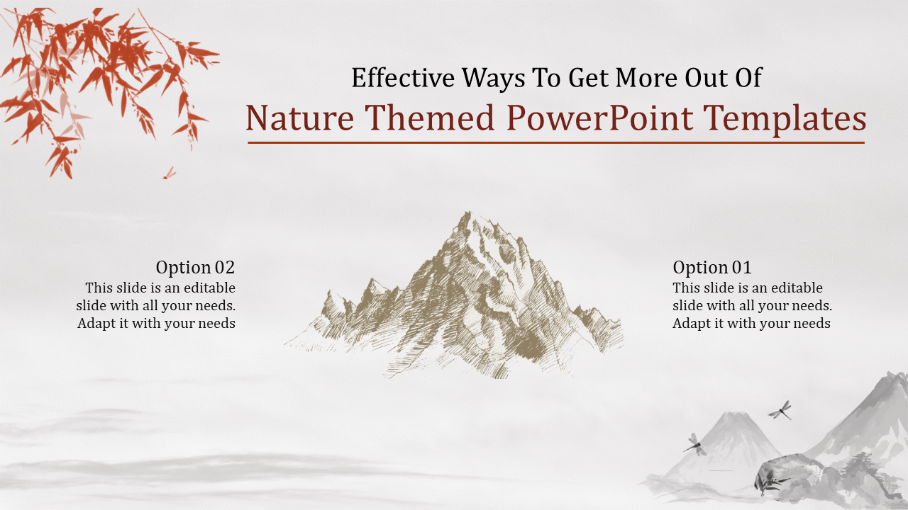 Nature themed PowerPoint template showcasing a serene mountain landscape with trees and birds with placeholder text.