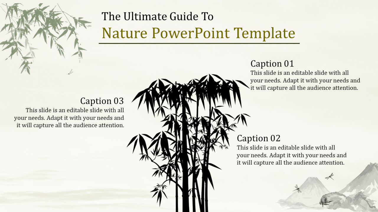 Nature PowerPoint template with captions and bamboo design, featuring serene mountain and bird imagery.