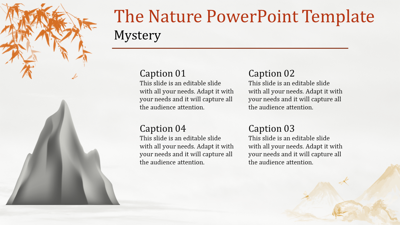 Nature themed slide featuring a grayscale mountain, orange bamboo leaves, and four placeholder text areas.