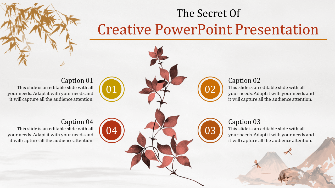 Creativeslide featuring a minimalist plant illustration in the center and four numbered sections for caption areas.