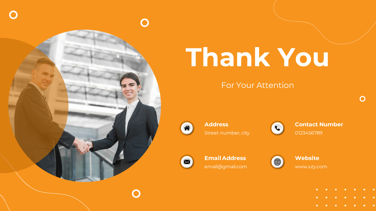 Thank you slide with an orange background, featuring professionals shaking hands in a circular frame, and contact details.