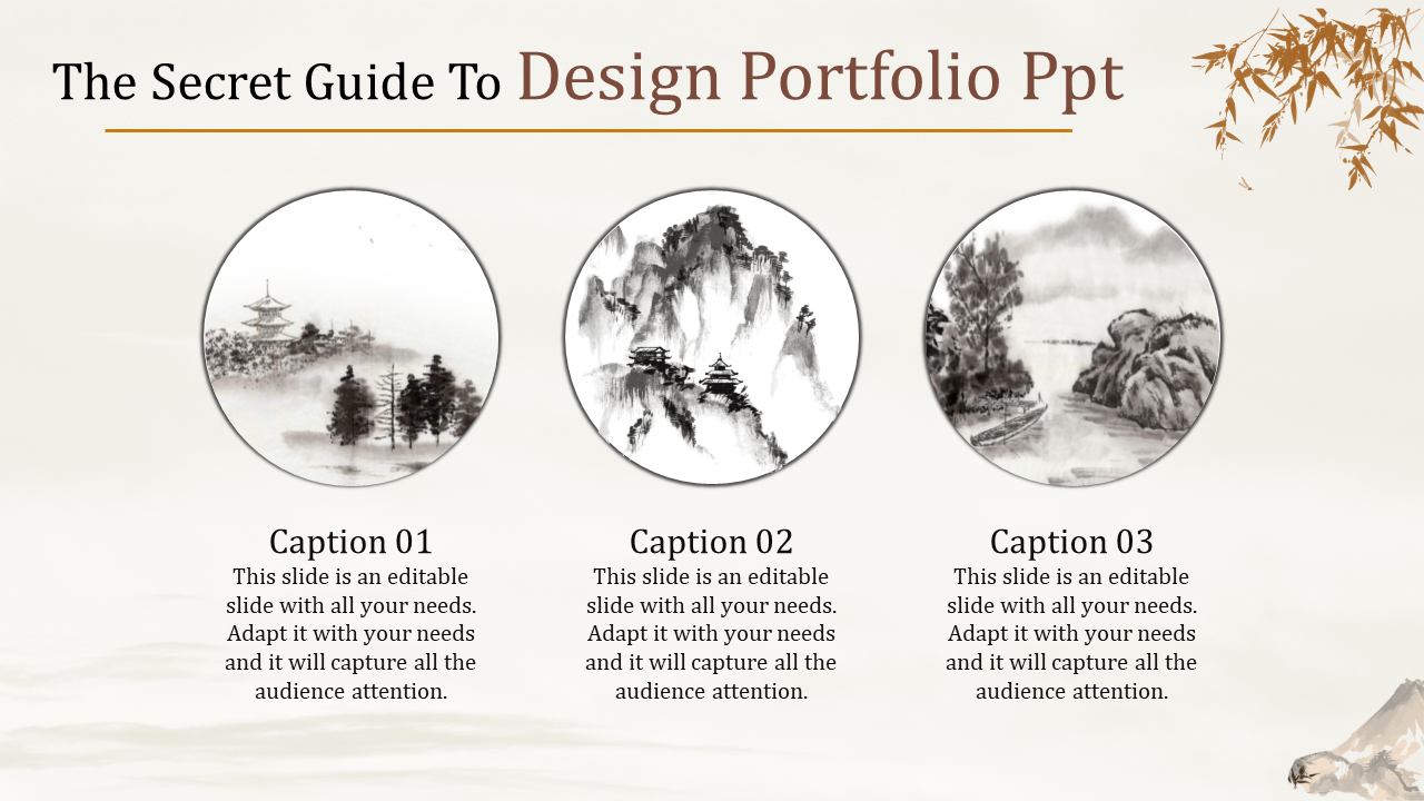 Design portfolio PowerPoint slide featuring three circular images of landscapes with captions for content.