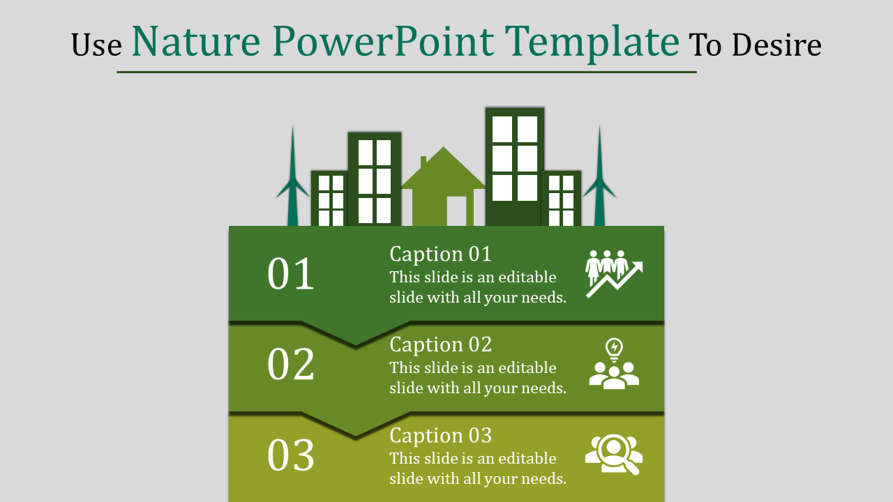 Nature themed template featuring a green tiered layout with three captions, buildings, and wind turbines.