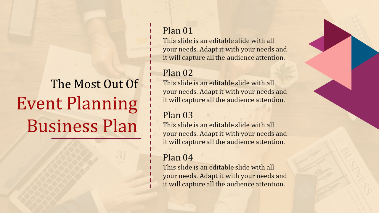 Event planning slide with a blurred background featuring four plan sections with pink and blue geometric shapes.