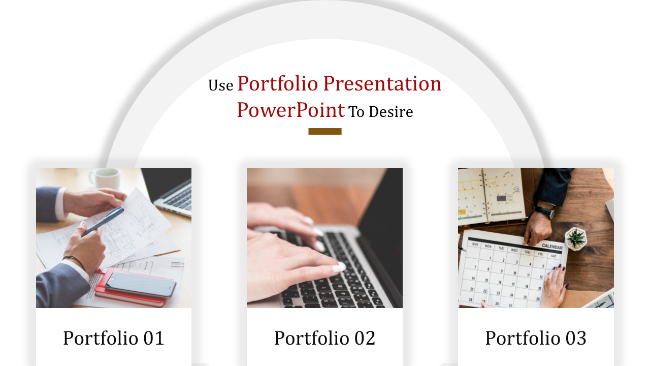 Portfolio presentation slide showing three images of business professionals with portfolio labels.