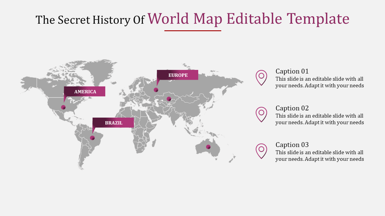 World map template with highlighted locations in America, Europe, and Brazil, featuring captions.