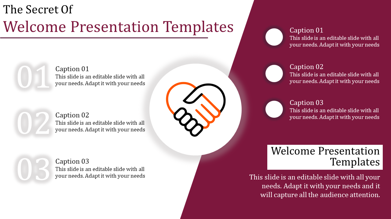 A welcome presentation template featuring a handshake icon and captions.