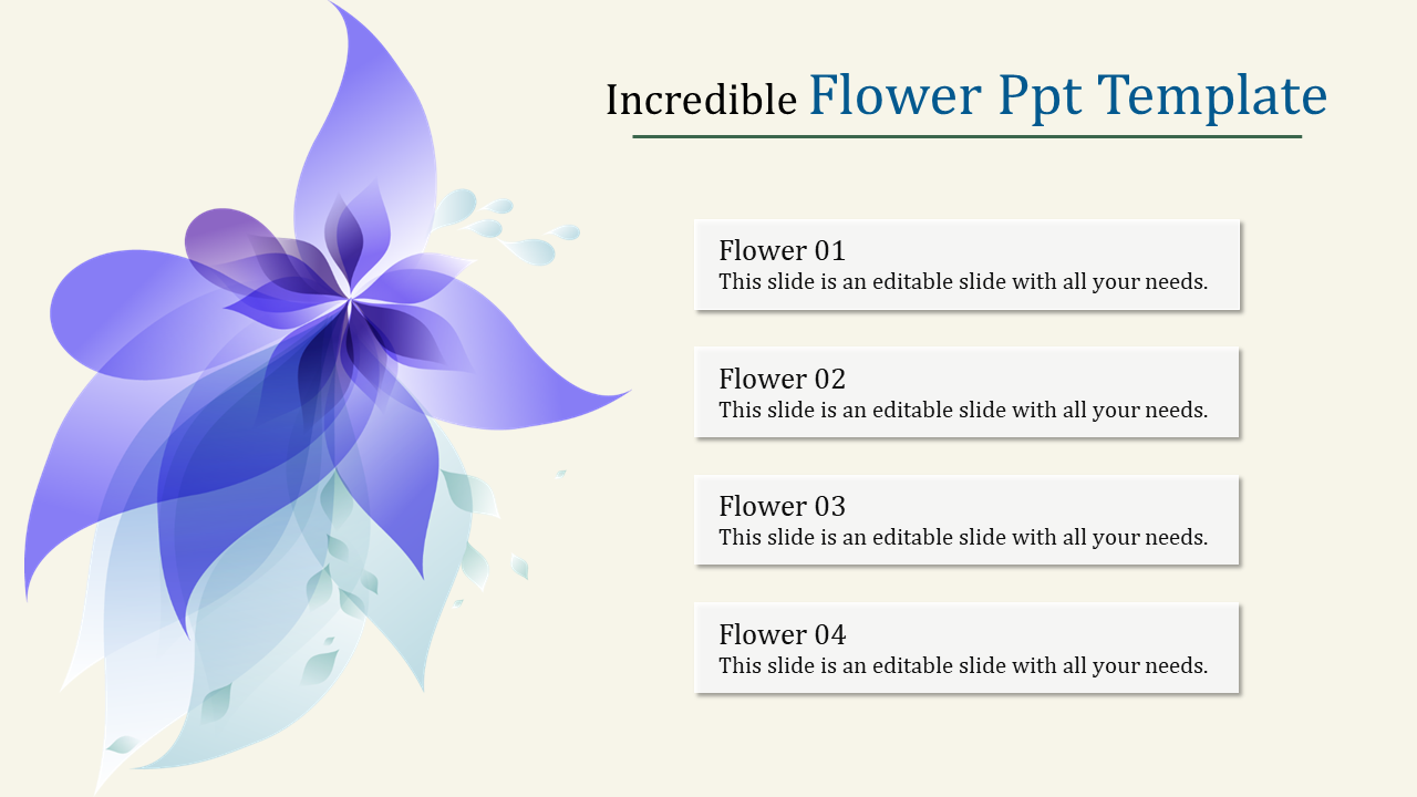 Abstract purple flower illustration on the left with four numbered text boxes set on a yellow background.