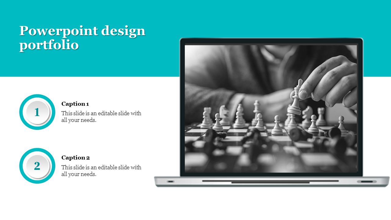 Modern slide portfolio layout showcasing a chess game on a laptop screen and numbered content placeholders.