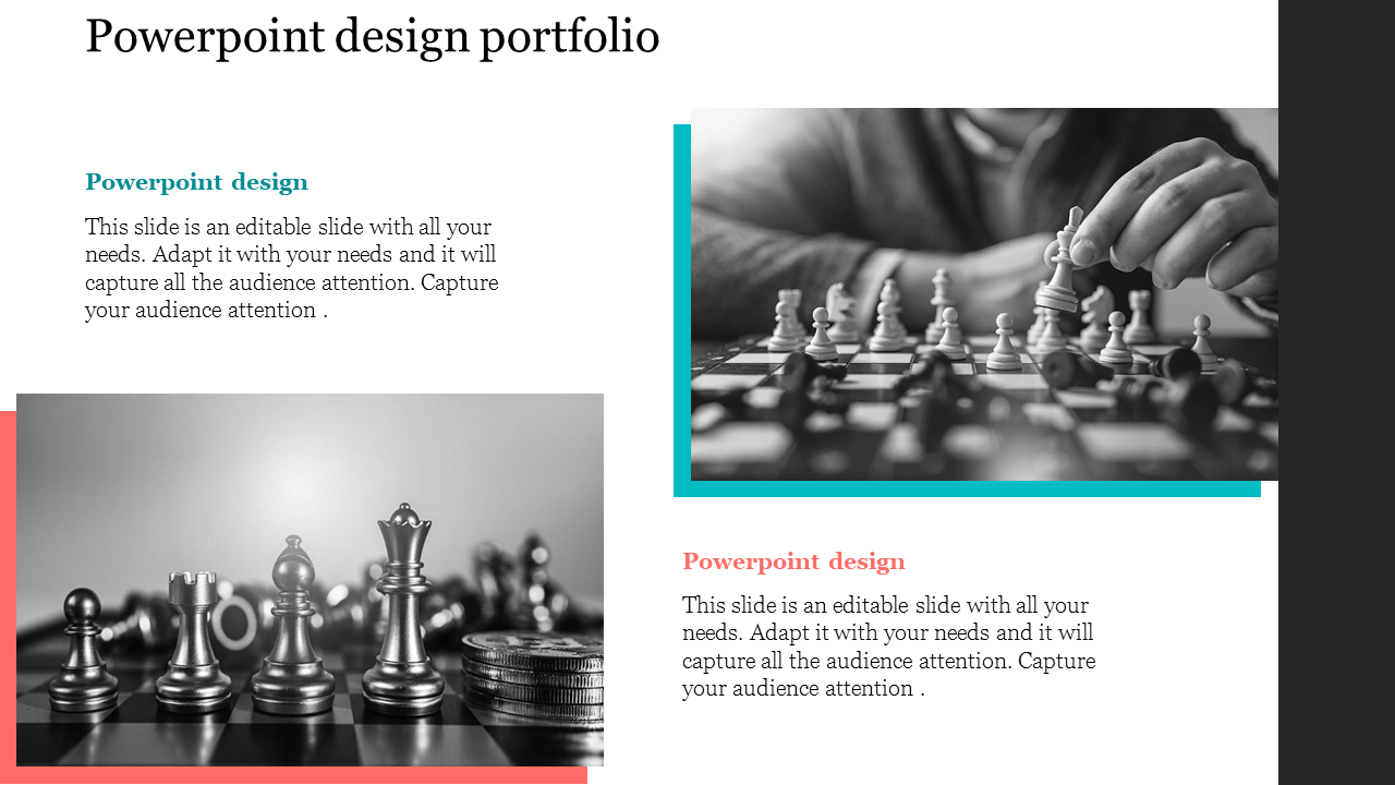 Portfolio slide with two black and white chess themed images with teal and coral accents, and corresponding text blocks.