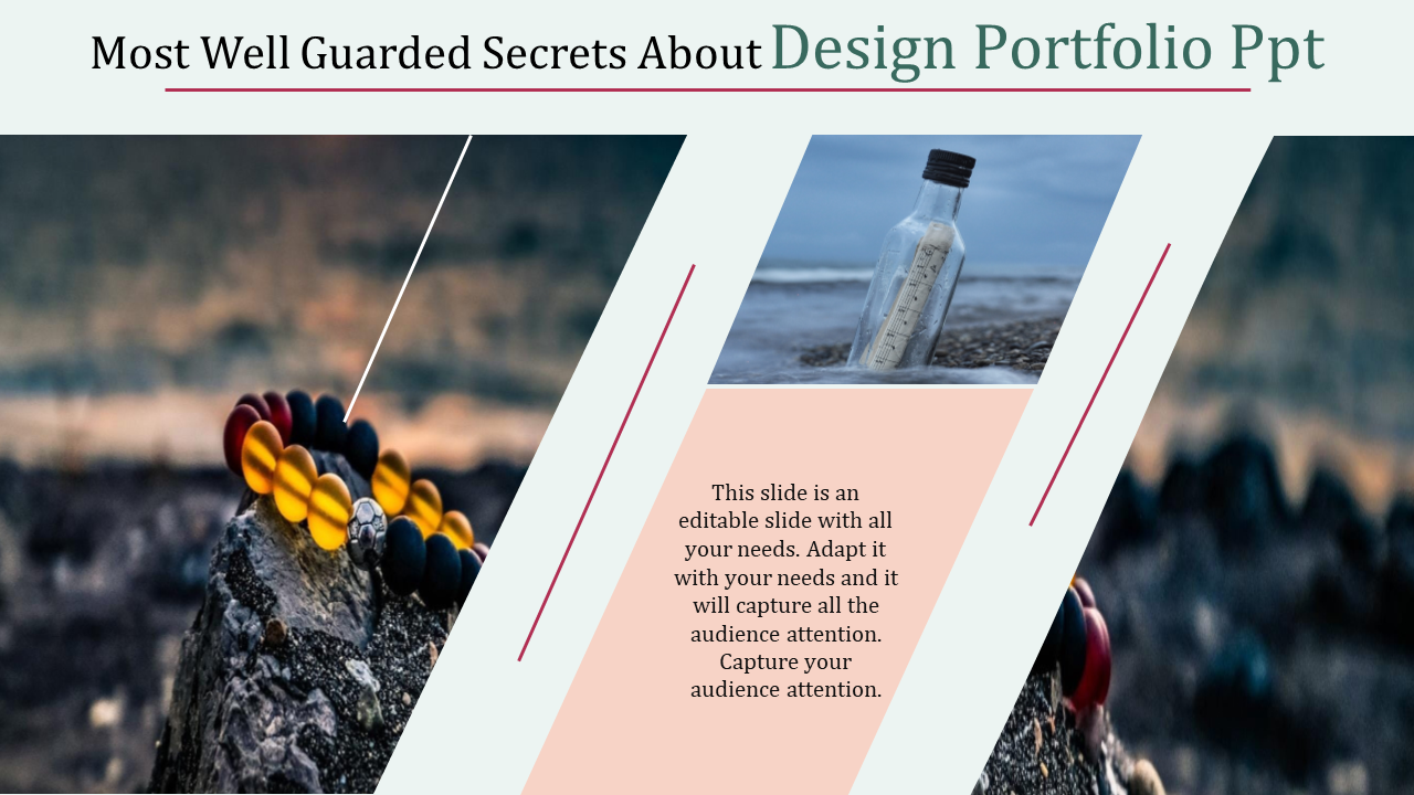 Design portfolio slide with a bracelet on a rock, a bottle with a message on a beach image, and a placeholder text box.