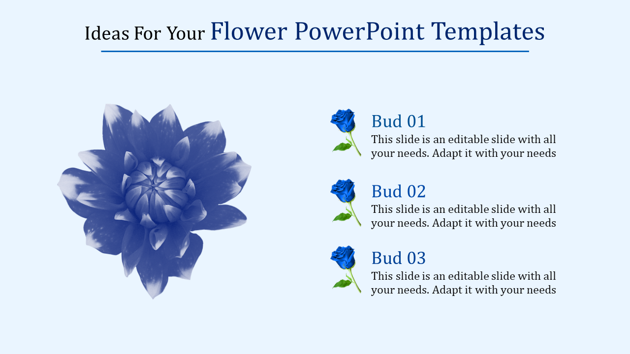 Flower PowerPoint template with three bud sections with placeholder text on a light blue backdrop.