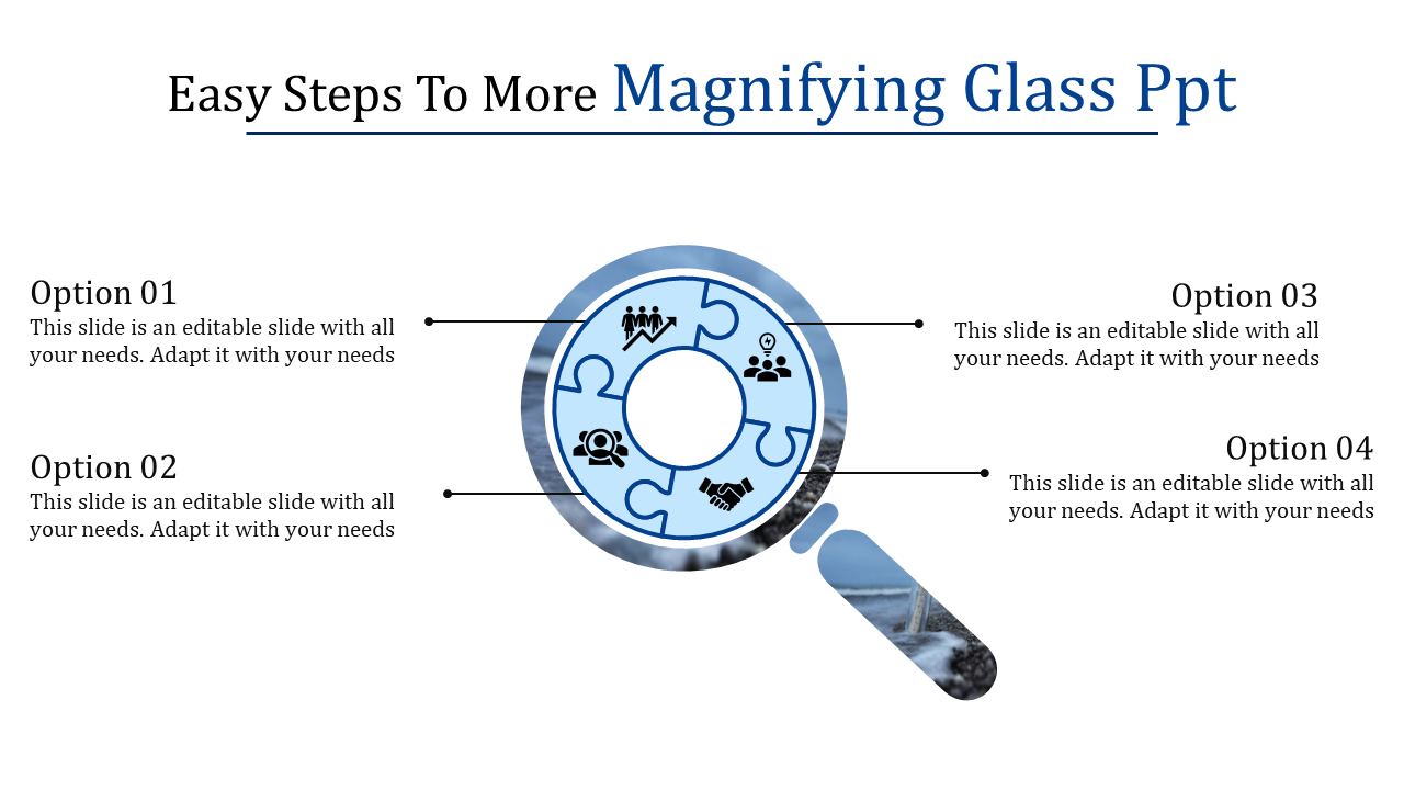 Blue magnifying glass graphic with four puzzle piece icons in the lens, connected to text options on a white background.