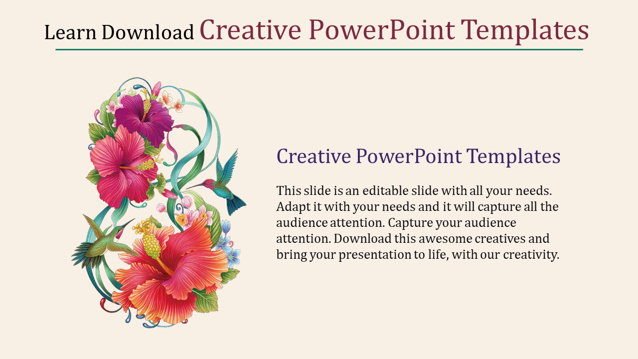 Creative template with vibrant floral artwork and hummingbirds on the left, and text content on the right.