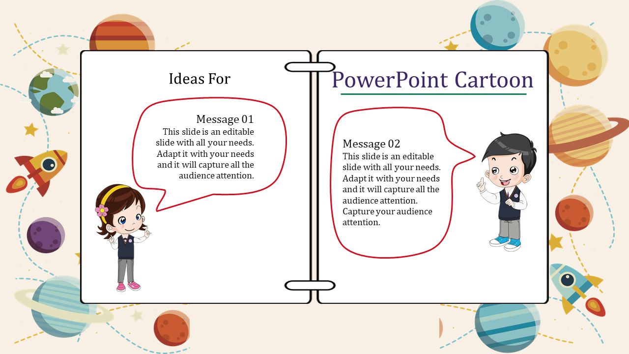 Slide with two cartoon characters introducing message sections in an open book layout with a space theme.