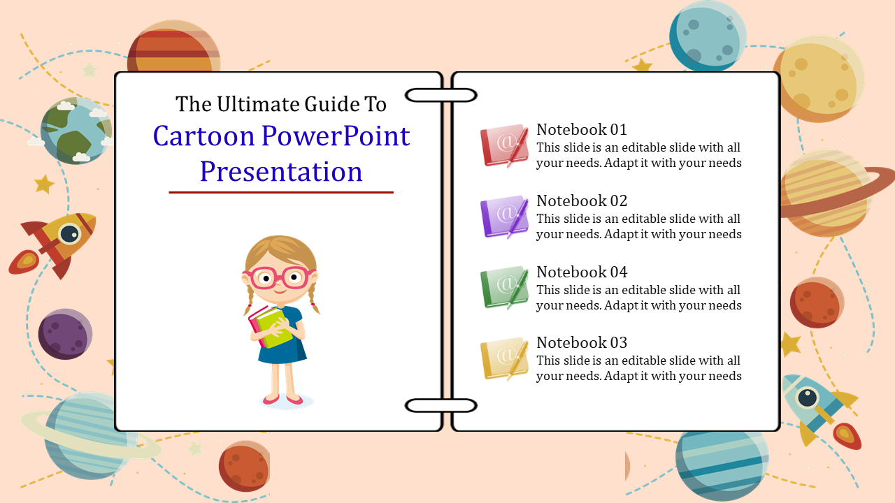 Cartoon themed slide with a guidebook design, planets, rockets, and a girl holding books against a peach background.