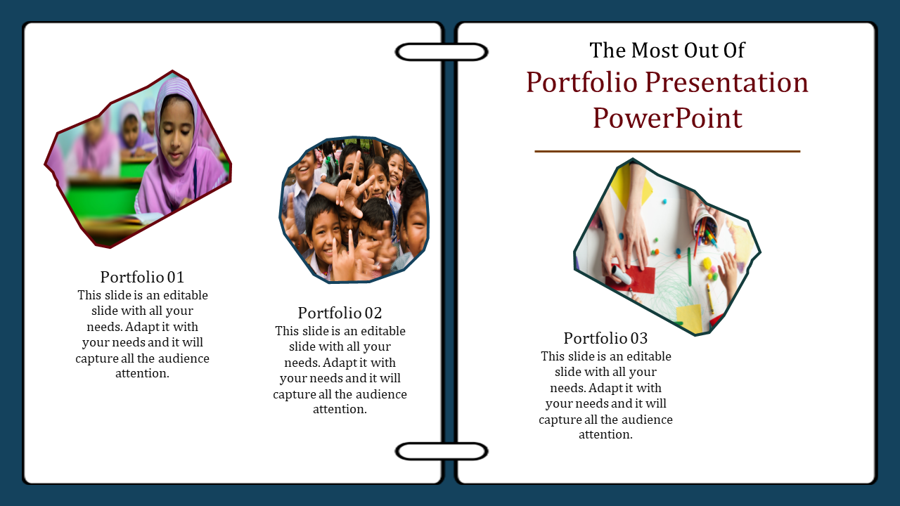 Notebook style layout with three irregularly shaped images of students and creative activities, set against a white page.