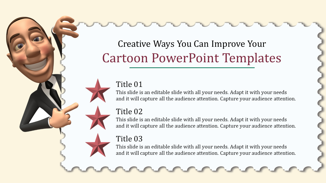 Cartoon style PowerPoint template featuring a cheerful businessman with animated hands pointing to titles and star icons.