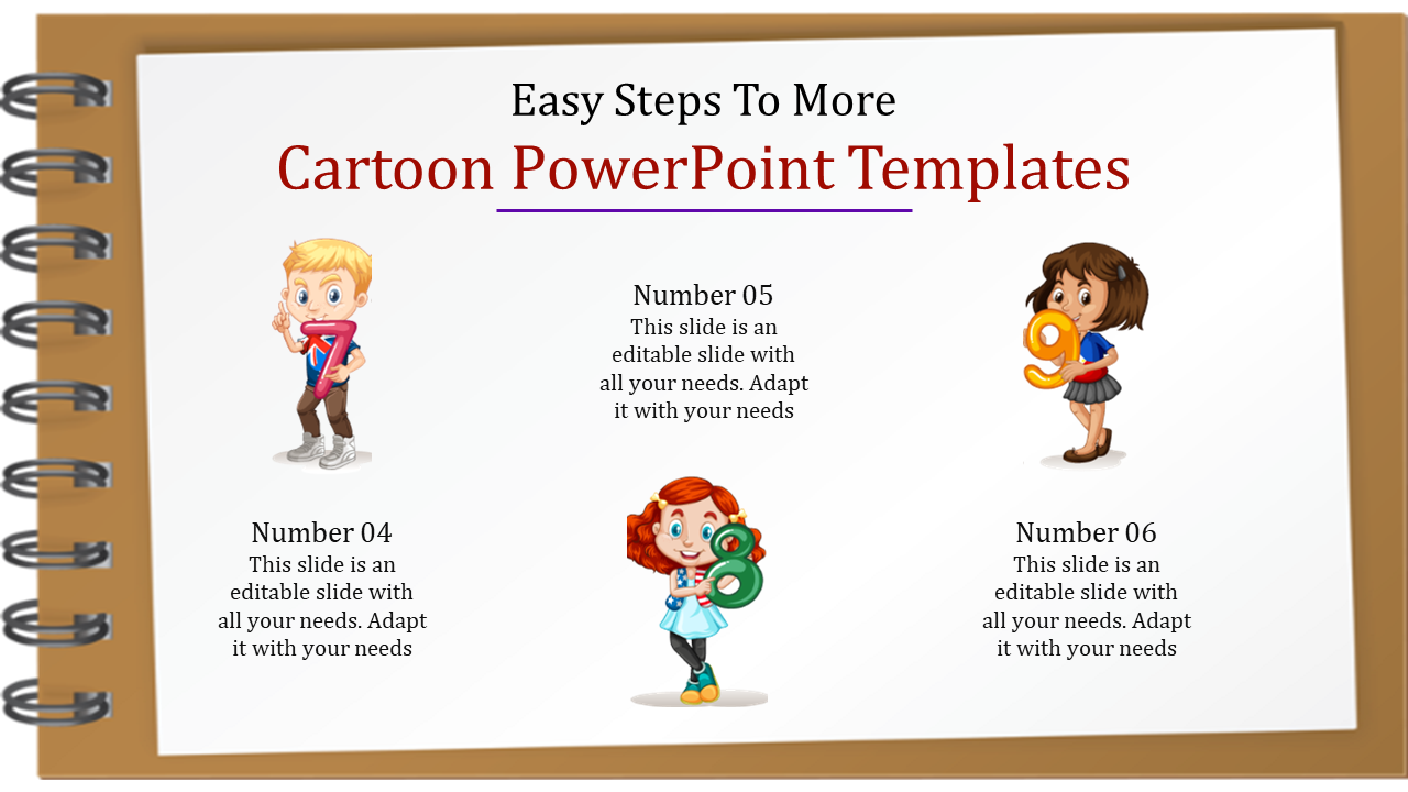 Cartoon PowerPoint slide with kids holding numbers 7, 8, and 9, with placeholder text.