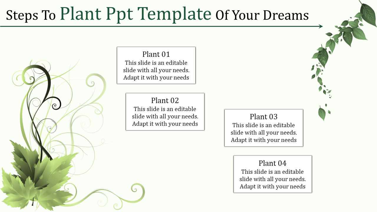 Plant themed PowerPoint template with text boxes and nature inspired design elements.