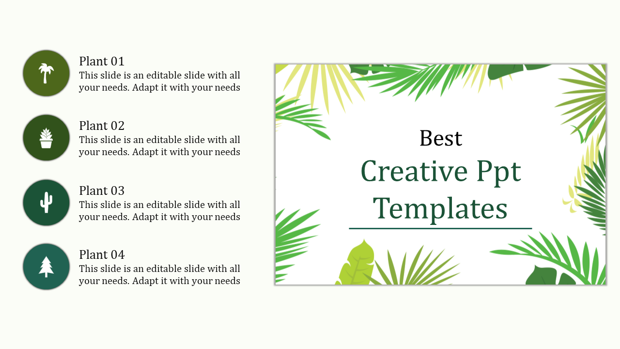 Creative PowerPoint template featuring plant illustrations and caption spaces with icons and placeholder text.