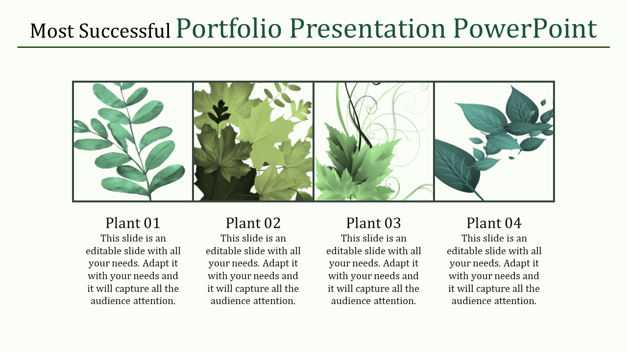 Portfolio presentation layout featuring green leafy designs in four framed sections with captions below.