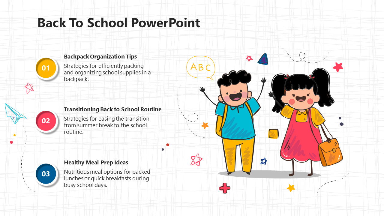 Creative back-to-school slide featuring three numbered highlights with icons and cheerful cartoon kids holding school bags.