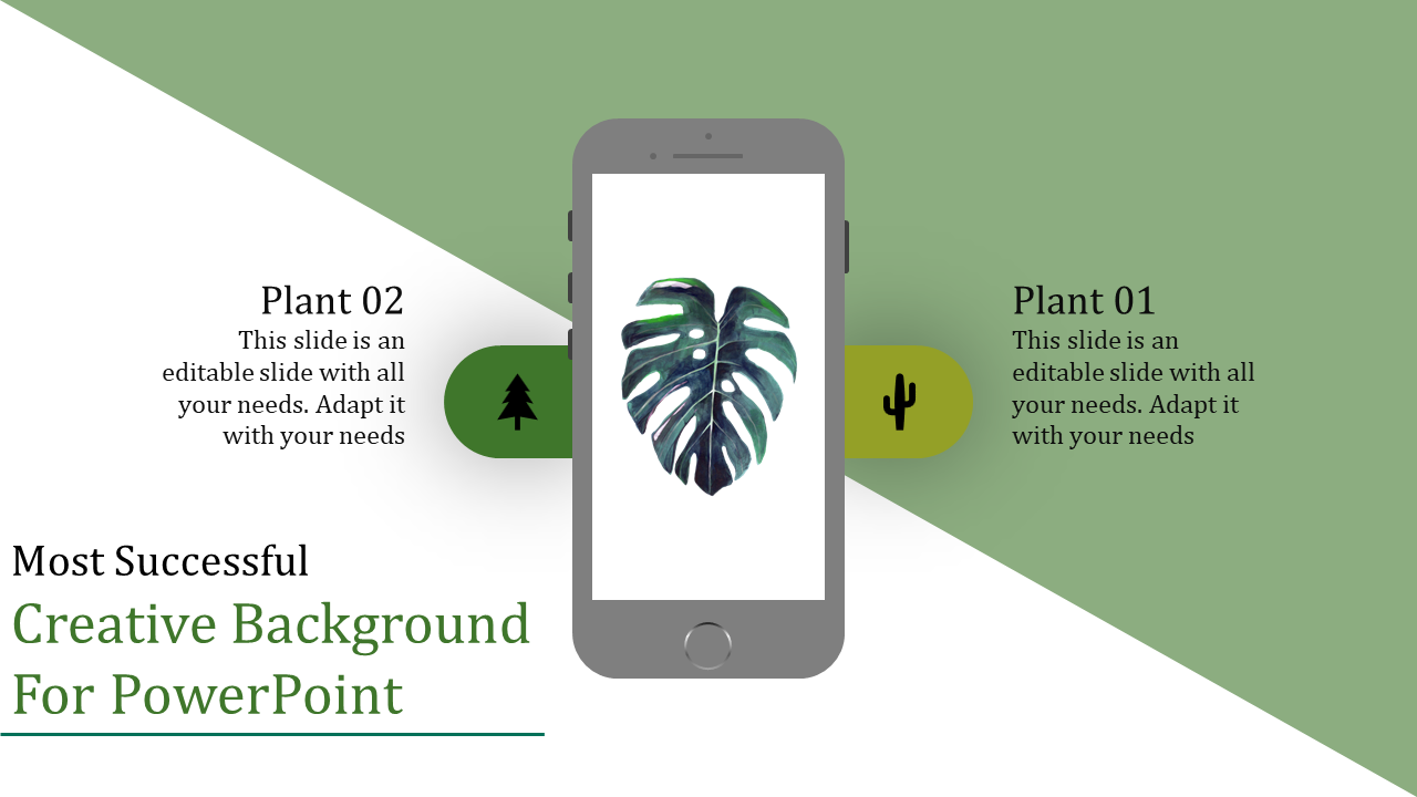 Slide with a smartphone displaying a leaf, surrounded by two captions, on a diagonal split green and white background,